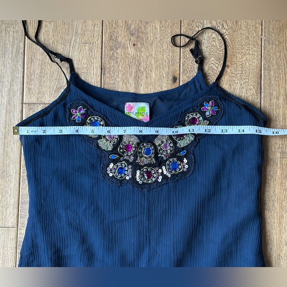 Free People 100% Silk Navy Blue Tiered Ruffle Spaghetti Strap Dress size XS - Picture 9 of 10